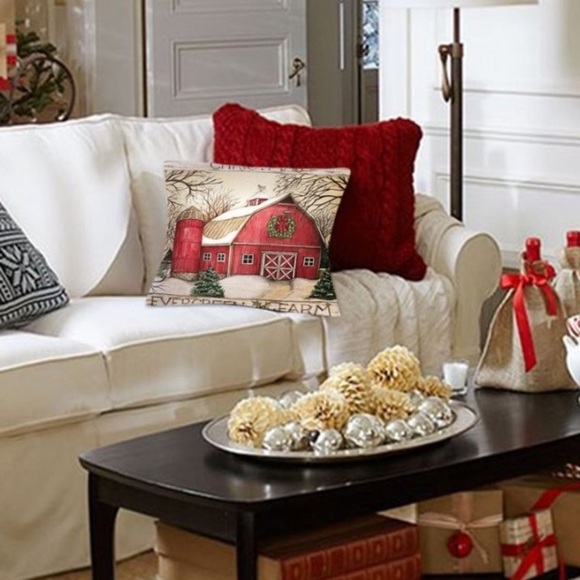 Holiday Pillow Cover Christmas Barn Country Neutral Linen Multicolor 18 X 18 in - Picture 2 of 14